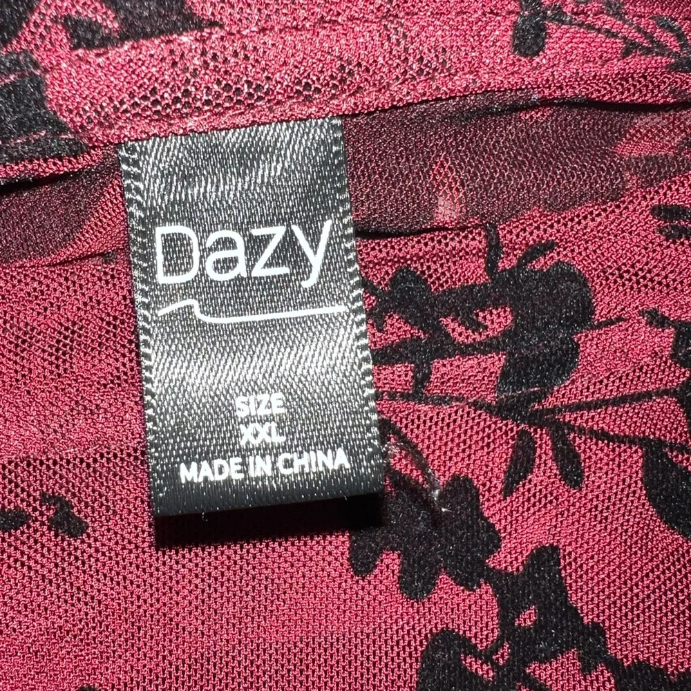 Deep Burgundy Crop Top with Black Floral Burnout Pattern